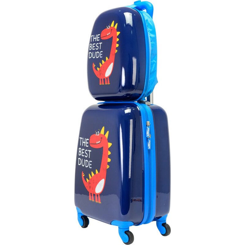 BONTOUR négykerekű piros dínós gyerekbőrönd, hátitáska utazószett