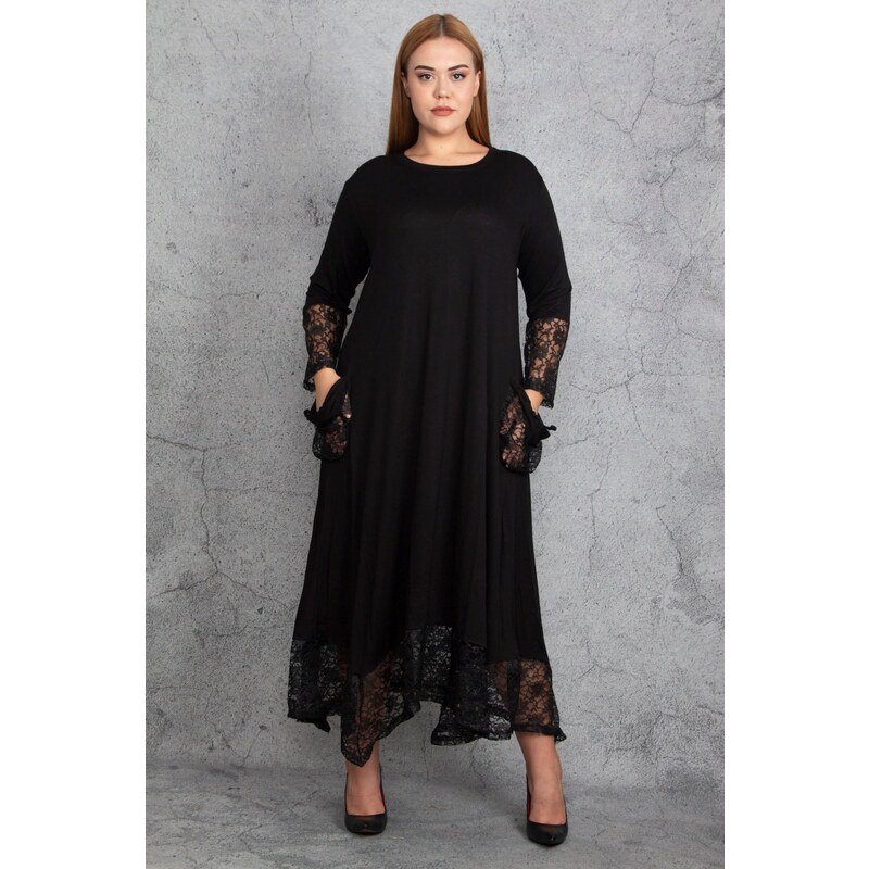 Şans Women's Plus Size Black Lace Detailed Viscose Long Sleeve Dress