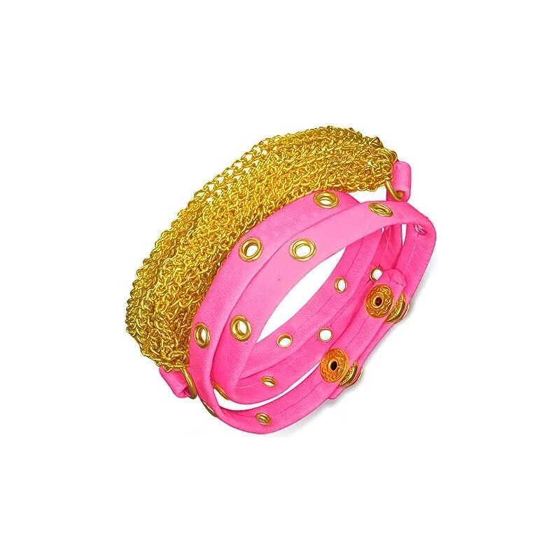 Ekszer Eshop - Rózsaszínű bőrkarkötő - keskeny szalag szegecsekkel, arany színű láncok AB21.13