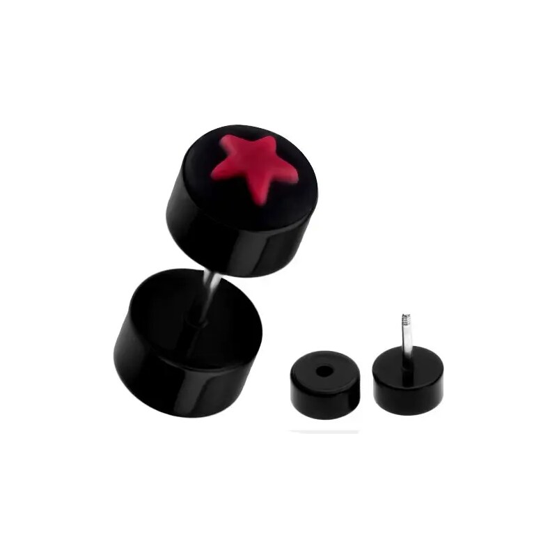 Ekszer Eshop - Hamis fekete piercing a fülbe akrilból - piros csillag PC30.27
