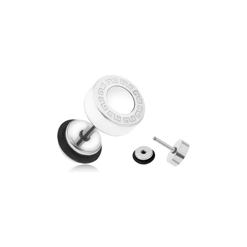 Ekszer Eshop - Acél fake plug fülbe, fehér, fénymázas kör, görög kulcs, 8 mm PC01.05