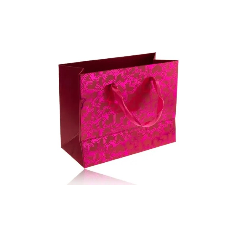 Ekszer Eshop - Ajándék táska, fényes rózsaszín felület, matt egyenetlen szívek, szalagok Y29.16