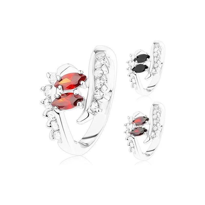 Ekszer Eshop - Csillogó ezüst színű gyűrű, ívelt szárvégek, átlátszó és színes cirkóniák R39.18 - Nagyság: 51, Szín: Piros