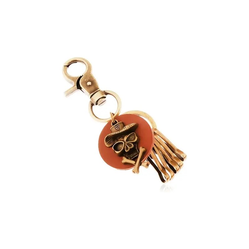 Ekszer Eshop - Sárgaréz színű medál kulcstartóra, barna karika, koponya kalappal Z38.12