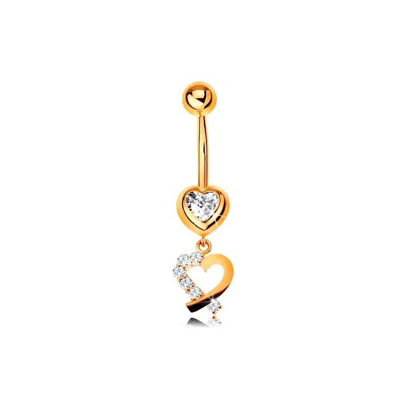 Ekszer Eshop - 14K arany piercing köldökbe - cirkóniás szív, szív körvonal csillogó féllel S2GG185.16