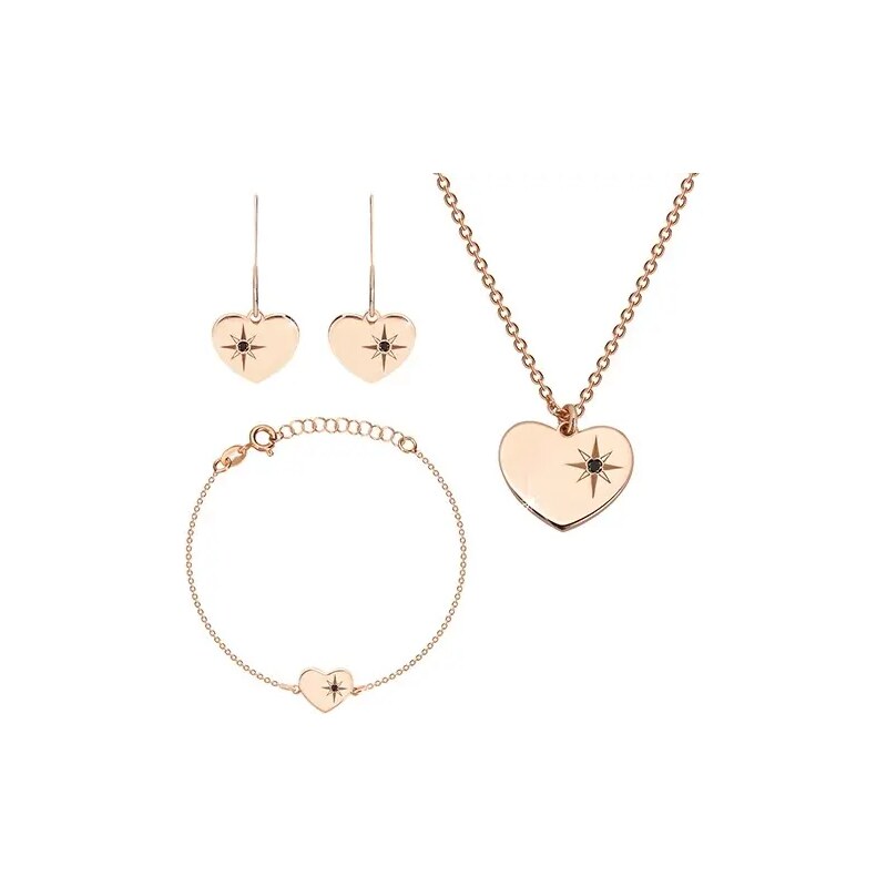 Ekszer Eshop - 925 ezüst rózsaszín árnyalatú hármas szett - fülbevaló, nyaklánc és karkötő, szív ,Sarkcsillag gyémánttal S25.05