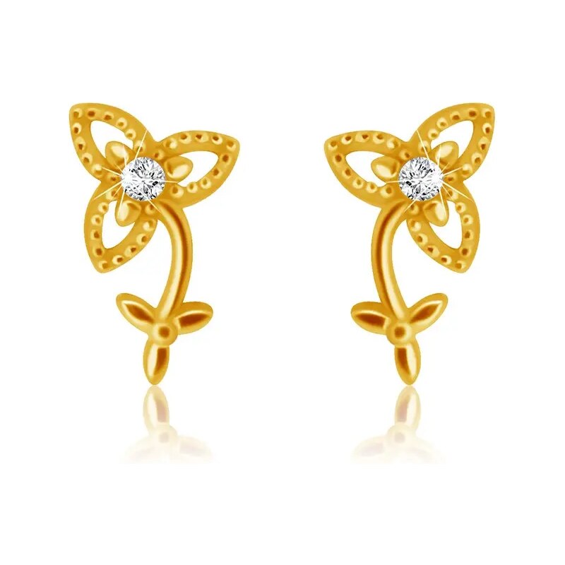Ekszer Eshop - Gyémánt fülbevaló 14K sárga aranyból - szárral és levelekkel ellátott virág, tiszta briliáns S3BT508.16