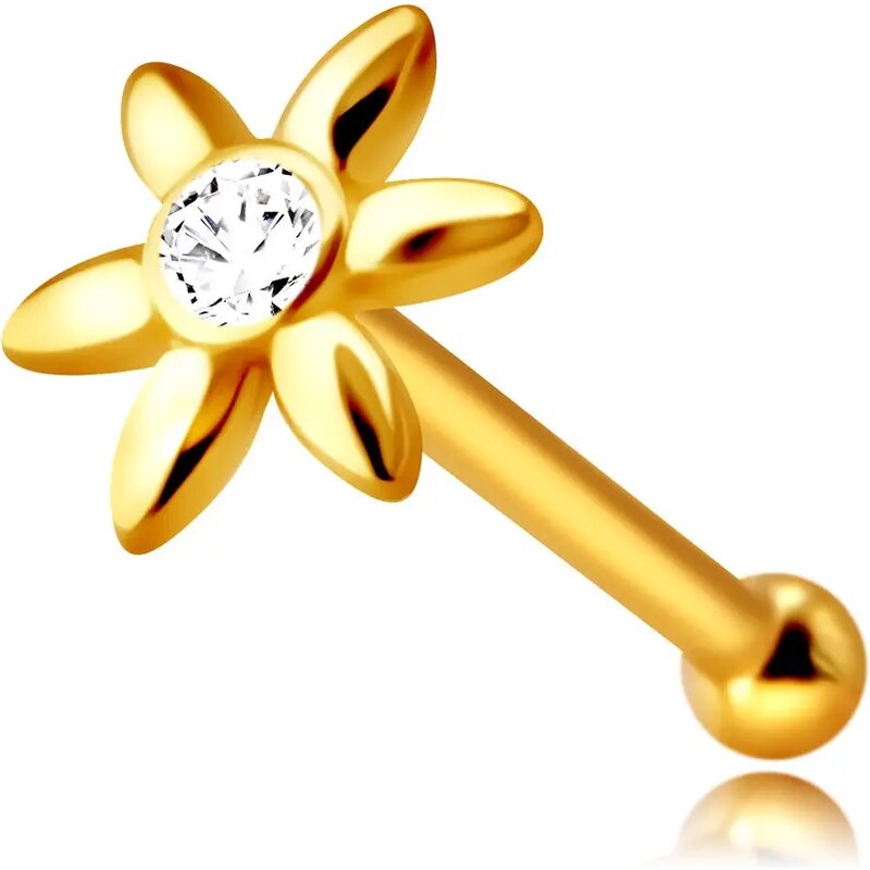 Ekszer Eshop - Orrpiercing 9K sárga aranyból – virág egy átlátszó cirkóniával, hosszúkás szirmok S4GG244.49