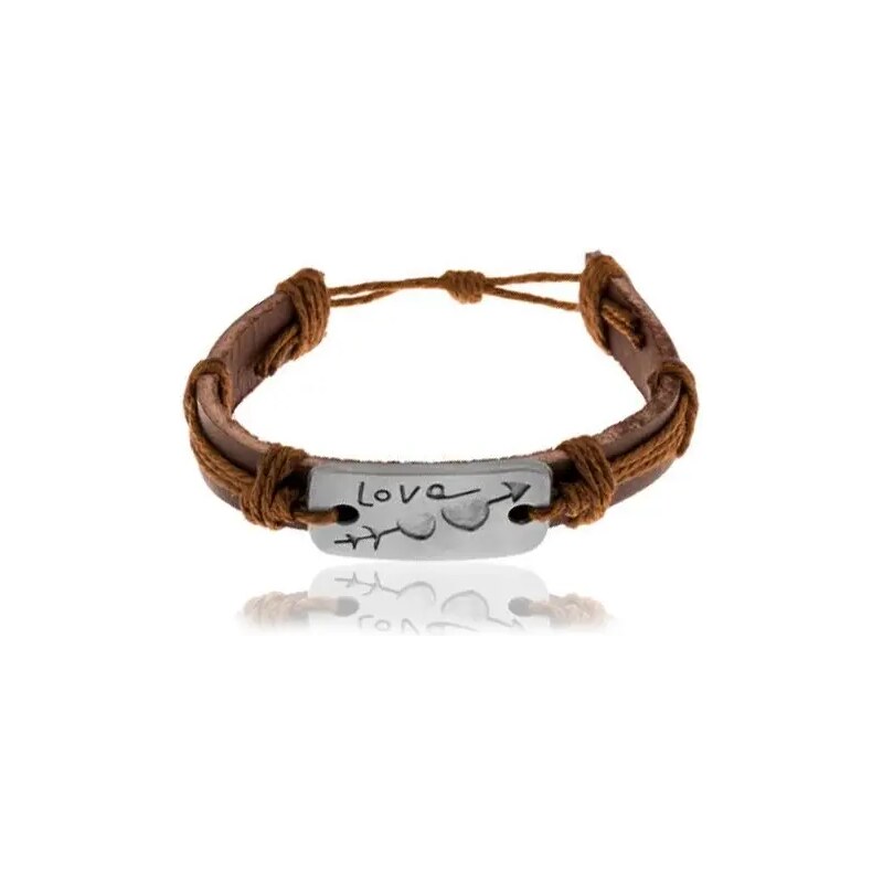 Ekszer Eshop - Brown leather bracelet with strings, a rectangle with carved hearts, Love Z22.08