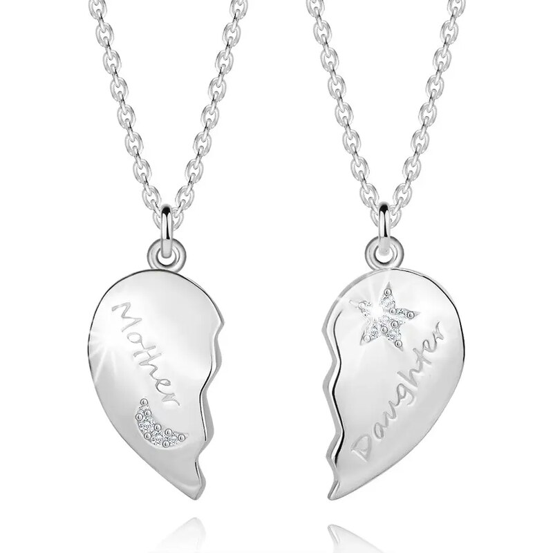 Ekszer Eshop - Ezüst nyaklánc készlet - "Anya" és "Lánya", hasított szívek, átlátszó cirkóniák R39.16