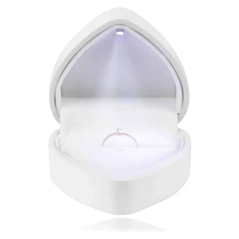 Ekszer Eshop - LED-es díszdoboz gyűrűkhöz - szív, fényes fehér színben G29.01