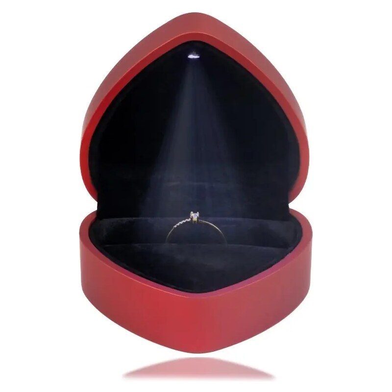 Ekszer Eshop - LED-es díszdoboz gyűrűhöz – szív, matt piros szín, fekete párnával G29.09