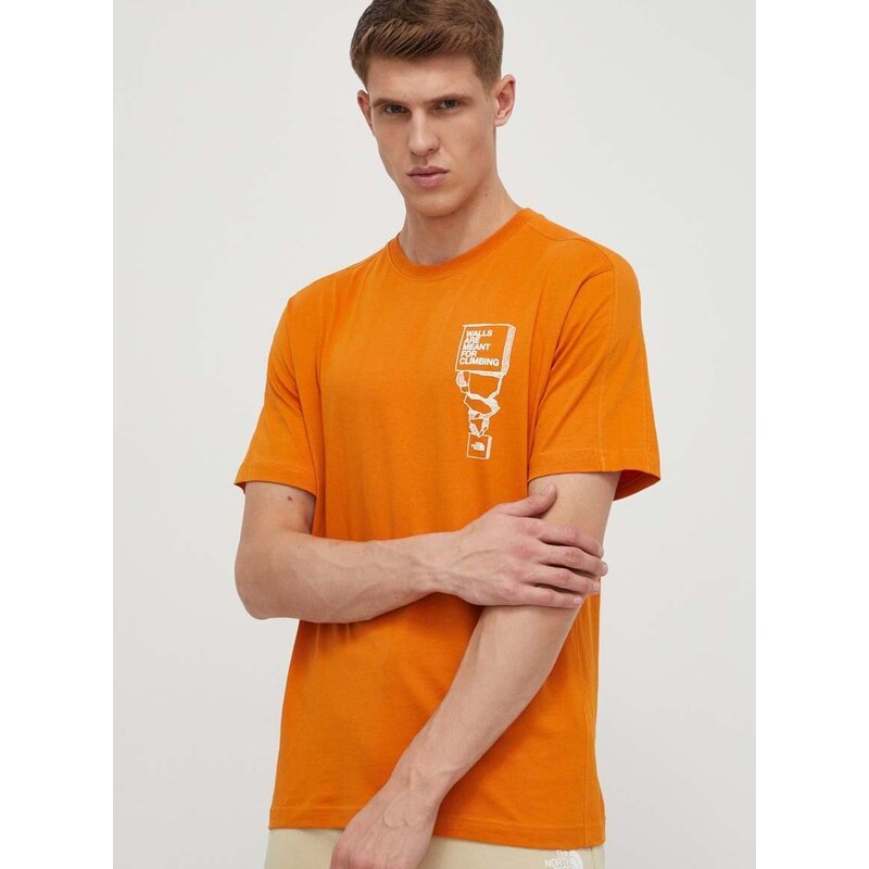 The North Face pamut póló narancssárga, férfi, nyomott mintás, NF0A87FFPCO1