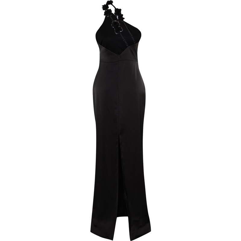 Trendyol Black Satin Rose Detailed Long Evening Dress