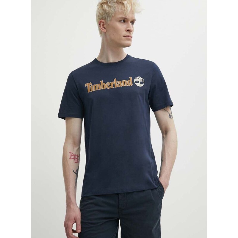 Timberland pamut póló sötétkék, férfi, nyomott mintás, TB0A5UPQ4331