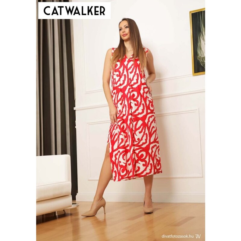 Catwalker Nyári ruha maxi széles pántos mintás korál