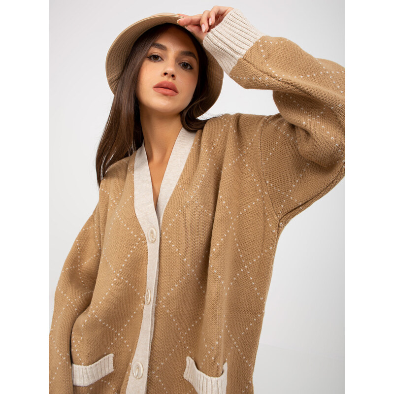 RUE PARIS Bézs színű, laza, gombos pulóver szegéllyel -LC-SW-0258.03P-camel