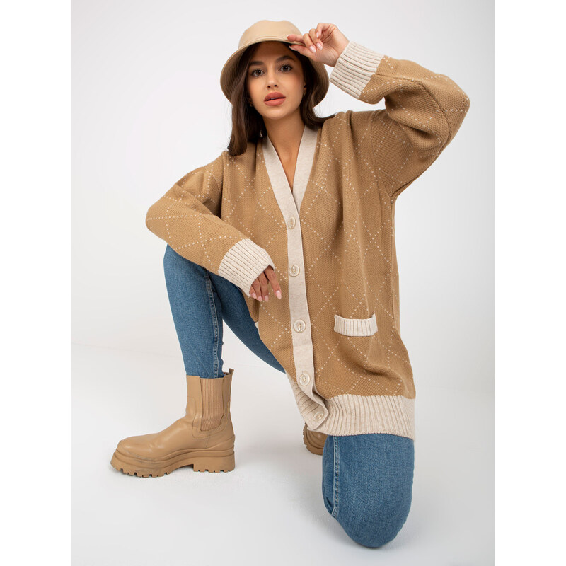 RUE PARIS Bézs színű, laza, gombos pulóver szegéllyel -LC-SW-0258.03P-camel