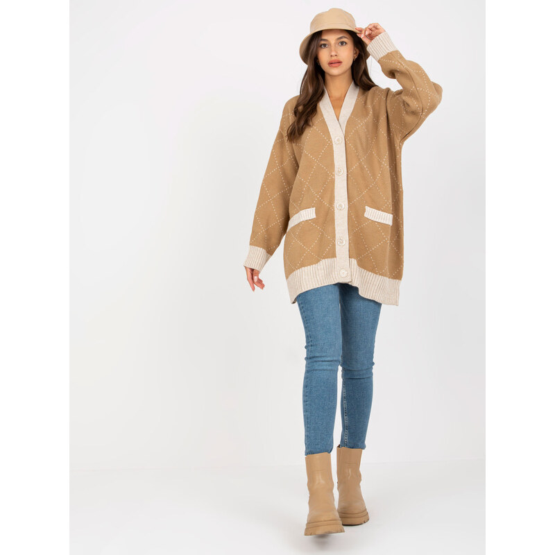 RUE PARIS Bézs színű, laza, gombos pulóver szegéllyel -LC-SW-0258.03P-camel