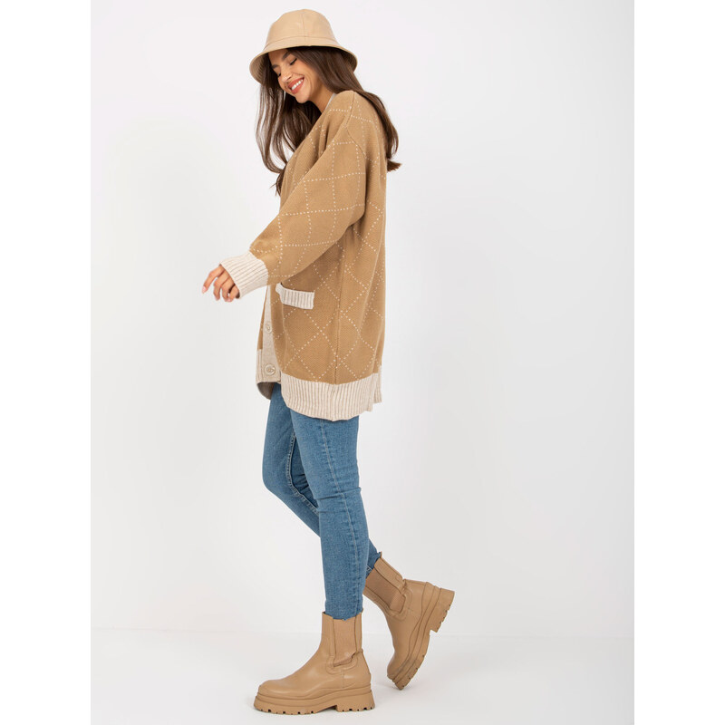 RUE PARIS Bézs színű, laza, gombos pulóver szegéllyel -LC-SW-0258.03P-camel