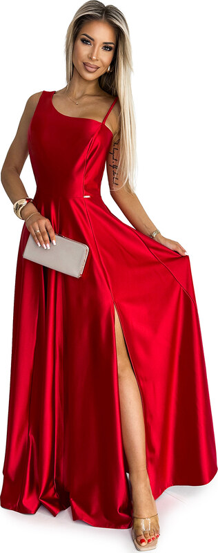 NUMOCO Piros fényes maxi ruha hasítékkal 524-1