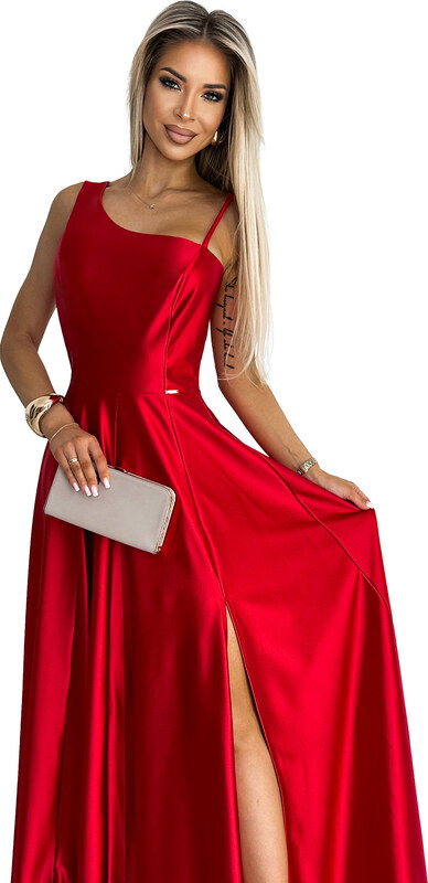 NUMOCO Piros fényes maxi ruha hasítékkal 524-1