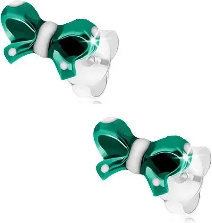 Ekszer Eshop - 925 ezüst fülbevaló, fényes masni, fénymáz sötétzöld és fehér színben I23.8