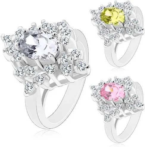 Ekszer Eshop - Ezüst színű gyűrű, fénylő cirkóniák csiszolt felülettel G04.21 - Nagyság: 53, Szín: Zöld - sárga