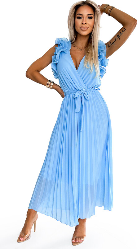numoco basic 549-2 MIRABELLA Pleated chiffon midi dress with a neckline and delicate ruffles - light blue