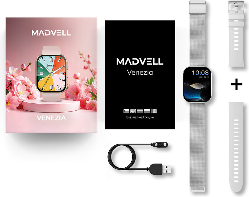 Madvell Venezia ezüst okosóra fém szíjjal + szilikon szíjjal