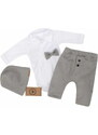 Z&Z 4-dílná most Elegáns fiú, test, nadrág, bow nyakkendő és kalap, szürke/fehér