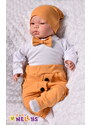 Baby Nellys 3-dílná készlet Hubert, testet íj nyakkendő hosszú ujjú, nadrág és sapka - mustár