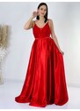 Webmoda Hosszú női szatén alkalmi ruha csipkével - piros