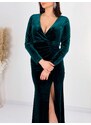 Webmoda Hosszú női bársony alkalmi ruha hasítékkal - zöld