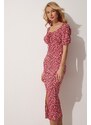 Happiness İstanbul Women's Dark Pink Carmen Collar Slit Summer Knitted Dress