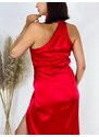 Webmoda Hosszú női szatén ruha hasítékkal - piros