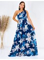 Webmoda Hosszú női kék virágmintás alkalmi ruha Amal