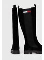 Tommy Jeans csizma TJW LONG SHAFT SUEDE BOOT fekete, női, lapos talpú, EN0EN02412