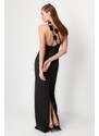 Trendyol Black Satin Rose Detailed Long Evening Dress