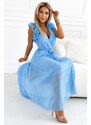 numoco basic 549-2 MIRABELLA Pleated chiffon midi dress with a neckline and delicate ruffles - light blue