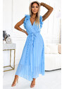 numoco basic 549-2 MIRABELLA Pleated chiffon midi dress with a neckline and delicate ruffles - light blue