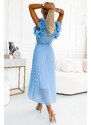 numoco basic 549-2 MIRABELLA Pleated chiffon midi dress with a neckline and delicate ruffles - light blue