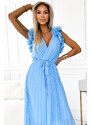 numoco basic 549-2 MIRABELLA Pleated chiffon midi dress with a neckline and delicate ruffles - light blue