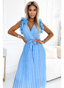 numoco basic 549-2 MIRABELLA Pleated chiffon midi dress with a neckline and delicate ruffles - light blue
