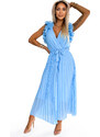 numoco basic 549-2 MIRABELLA Pleated chiffon midi dress with a neckline and delicate ruffles - light blue
