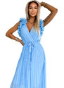 numoco basic 549-2 MIRABELLA Pleated chiffon midi dress with a neckline and delicate ruffles - light blue
